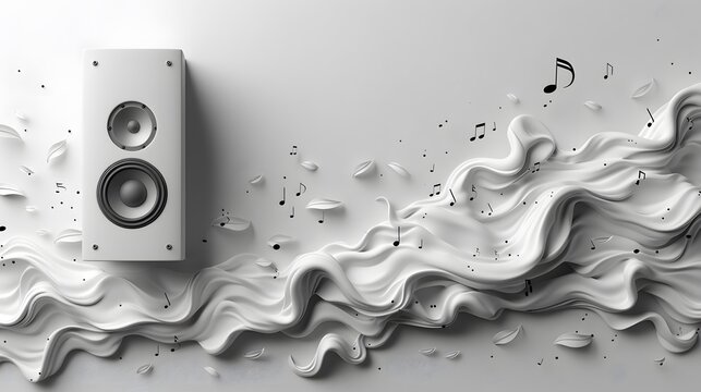 White Speaker with Music Notes Flowing. A white speaker on a white background with music notes flowing around it.