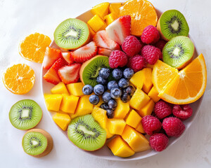 A plate of fruit with a variety of fruits including kiwi, strawberries