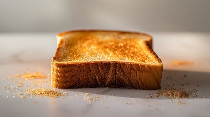 A piece of perfectly toasted bread with crumbs on a white background, a golden brown crust and soft interior, simple and delicious, with a soft light.