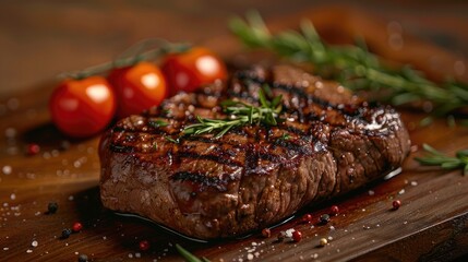 A perfectly grilled steak with grill marks, resting on a wooden board with cherry tomatoes and rosemary sprigs.