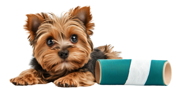 A small dog with a bandage, attended by a vet, close-up of careful treatment, modern clinic design, isolated