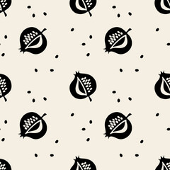 Pomegranate pattern, dark stylized drawing  silhouette doodle. On beige background.