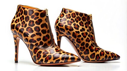 Obraz premium Vibrant leopard print ankle boots with stiletto heels and pointed toes, sitting on a white background, showcasing bold fashion and statement footwear.