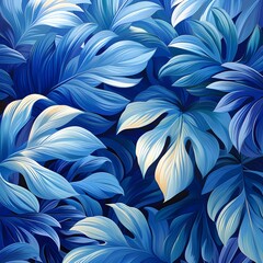 Blue Tropical Leaves Background Illustration. An artistic illustration of tropical leaves in shades of blue and green, creating a vibrant and lush background.