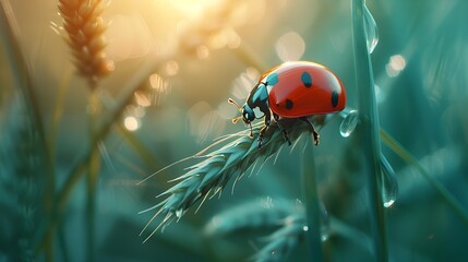 Obraz premium Vibrant Ladybug Crawling on Blade of Grass Macro Photography Concept