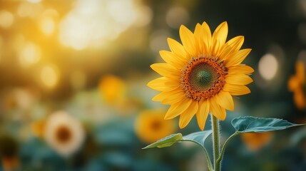 Fototapeta premium Blooming Beauty: Tiny Flowers at the Base of Towering Sunflower in Sunny Garden - Close-up Shot with Bright Empty Space for Text