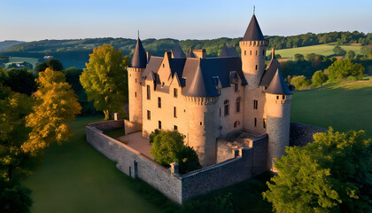 Obraz premium Majestic Castle Surrounded by Lush Greenery at Sunset in a Scenic Landscape