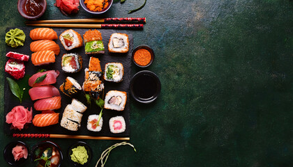 Flatlay. Copy space. A set of sushi against a dark chalkboard background. 