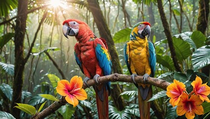 Obraz premium Tropical Rainforest Paradise Colorful Parrot Perched on Branch