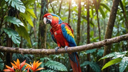 Obraz premium Tropical Rainforest Paradise Colorful Parrot Perched on Branch