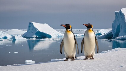 Fototapeta premium Arctic Embrace Penguins Couple on Iceberg Coastline
