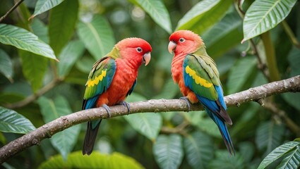Obraz premium Tropical Lovebirds Perched on Lush Tree Branch Nature Photography