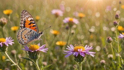 Obraz premium Vibrant Butterfly Perched on Wildflower Under Soft Sunlight Nature Photography