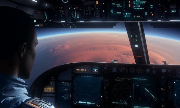 CU Portrait of African American Black male astronaut inside spaceship cockpit. Sci-fi space exploration concept. Mars mission. Shot with 2x anamorphic lens