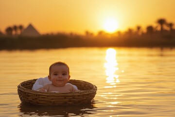 Fototapeta premium Serene Moses in a Basket Afloat on the Nile at Sunset, with the Egyptian Pyramids in the Background - A Scene of Tranquility Nurtured by the River.