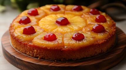 Homemade pineapple upside- cake with cherries on table