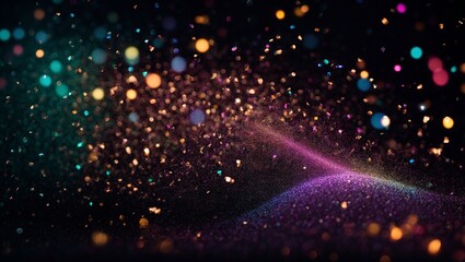 Cosmic Dust Dance: A vibrant, abstract spectacle of shimmering particles and cosmic dust, swirling and dancing across a deep black void.  