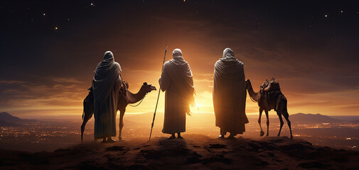Three Kings on Desert at Sunset