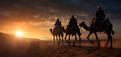 Three Kings on Desert at Sunset