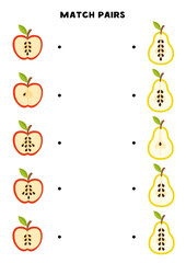 Match cute cartoon apple halves and pear halves. Educational math game for kids.