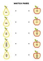 Match cute cartoon apple halves and pear halves. Educational math game for kids.
