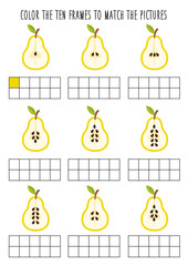 Color ten frames according to number of seeds on pears. Math worksheet for kids.