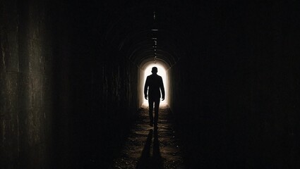 Obraz premium Silhouette of Loneliness Walking Through the Endless Tunnel of Despair