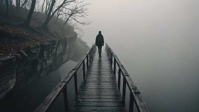 Fear and Uncertainty Concept of Depression Illustrated with Person on Crumbling Bridge