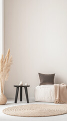 Scandinavian minimalist living room interiors in beige tones with minimal furniture and clear lighting. Residential Real Estate composition.