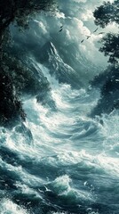 Fototapeta premium Anime-Style Winter Wilderness: Turbulent Rapids and Rugged Rocks in Wild River Landscape. Nature's Raw Symphony Blending Winter Wonderland and Holiday Spirit. Perfect for Creative Marketing, Book Illu