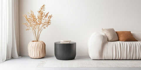 Scandinavian minimalist living room interiors in beige tones with minimal furniture and clear lighting. Residential Real Estate composition.