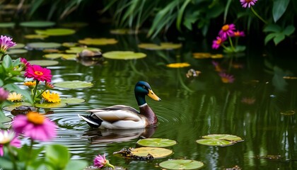 Fototapeta premium Duck Swimming in Pond with Flower Reflections