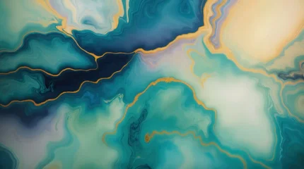 Ingelijste posters Kristal Abstract art with swirling hues of blue, green, and gold in marbled pattern  © Fred