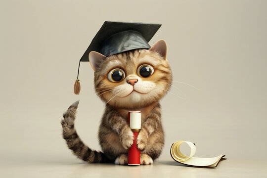 Adorable 3D cartoon cat with a graduation cap, holding a diplom , created ai