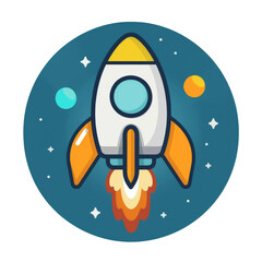 Colorful Cartoon Rocket Launching Into Space with Planets and Stars