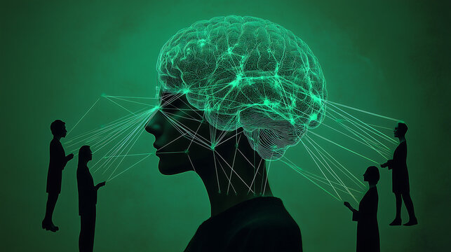 Digital Brain Manipulation and Social Influence Concept in Green Color