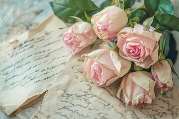 Timeless Romance: Expressing Love with Roses and an Antique Love Letter on Aged Paper, Perfect for Historical Novels and Romantic Art Projects