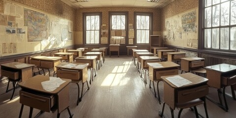 Obraz premium Vintage Classroom Interior with Wooden Desks and Historical Maps
