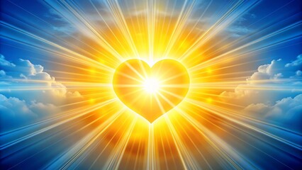 Obraz premium Vibrant yellow sun with a heart at its center, surrounded by radiant beams of light, representing love, warmth, and positivity in a bright blue sky.