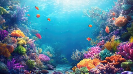 Naklejka premium A coral reef ecosystem in the sea, filled with vibrant colors and diverse marine creatures.