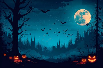 Halloween night scene with glowing pumpkins and a full moon in a dark forest filled with bats, party card, card invitation, banner poster, halloween illustration