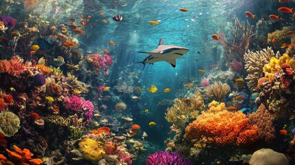 Naklejka premium A coral reef filled with vibrant tropical fish, with a shark adding a touch of excitement to the underwater landscape.