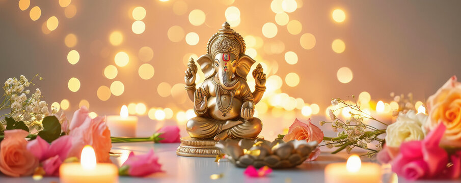 lord ganesha sculpture surrounded by flower and candle