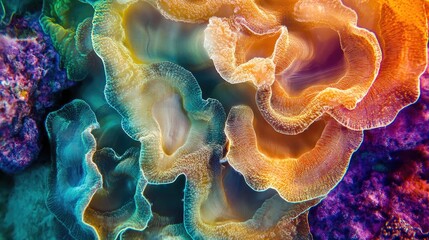 Naklejka premium A detailed macro view of coral reef textures, with vivid colors and intricate patterns that form a stunning abstract marine scene.