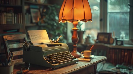 Vintage typewriter with a blank sheet of paper in a cozy study, nostalgic writing, creative workspace