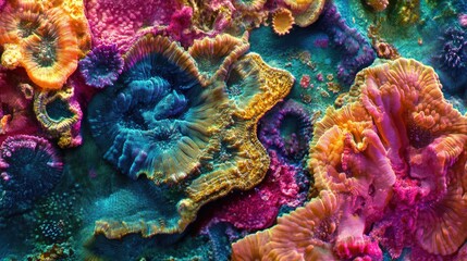 A detailed macro view of coral reef textures, with vivid colors and intricate patterns that form a stunning abstract marine scene.