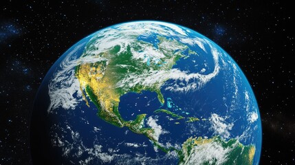 Obraz premium A detailed view of Earth from space, highlighting the planets atmosphere, continents, and oceans in vivid detail.