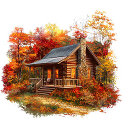 Charming log cabin nestled in vibrant autumn foliage, showcasing nature's beauty and tranquility in a picturesque setting.