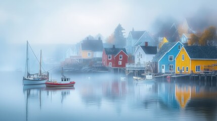 Obraz premium A foggy harbor scene, with charming colorful houses and boats emerging from the mist, evoking a sense of mystery and tranquility.