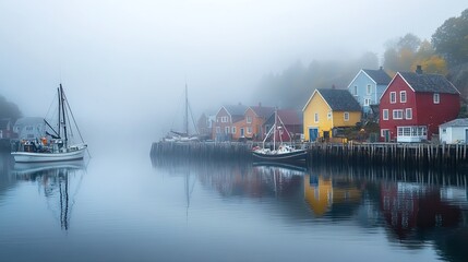 Obraz premium A foggy harbor scene, with charming colorful houses and boats emerging from the mist, evoking a sense of mystery and tranquility.